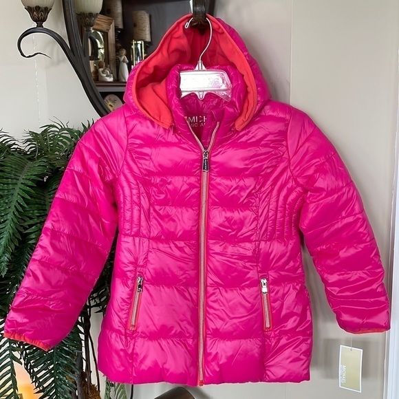 Brand New Michael Kors Girl’s Zippered Hooded Fleece-Lined Pink Puffer Jacket - Picture 1 of 16
